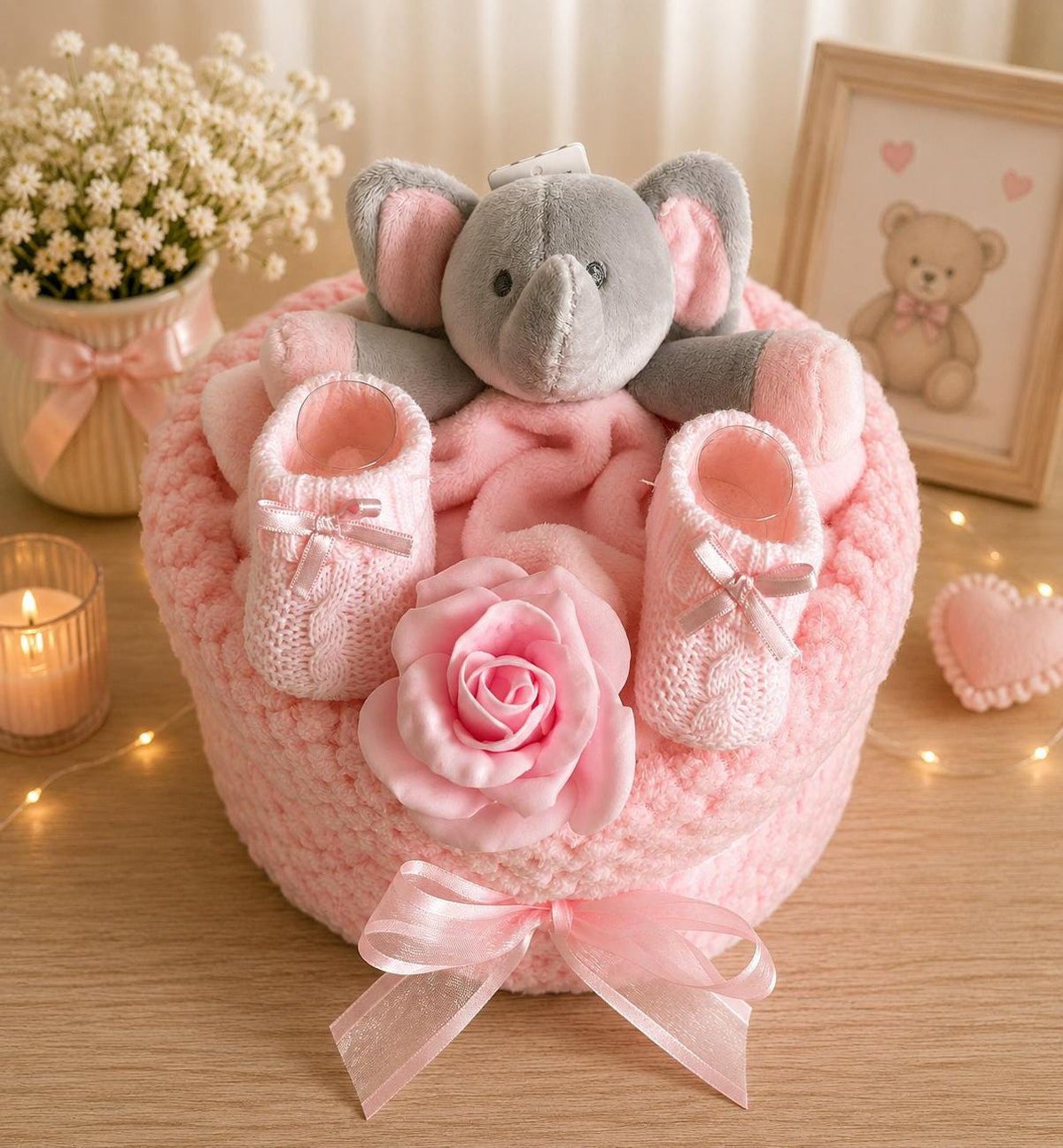 Baby Girl Nappy Cake - Pink Elephant New Baby Gift