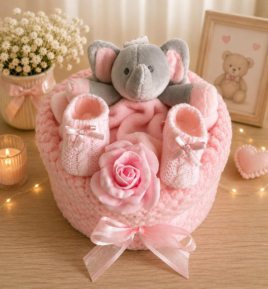 Baby Girl Nappy Cake | Pink Elephant Baby Gift | Newborn Girl Gift Set | Baby Shower Present | New Baby Girl Hamper