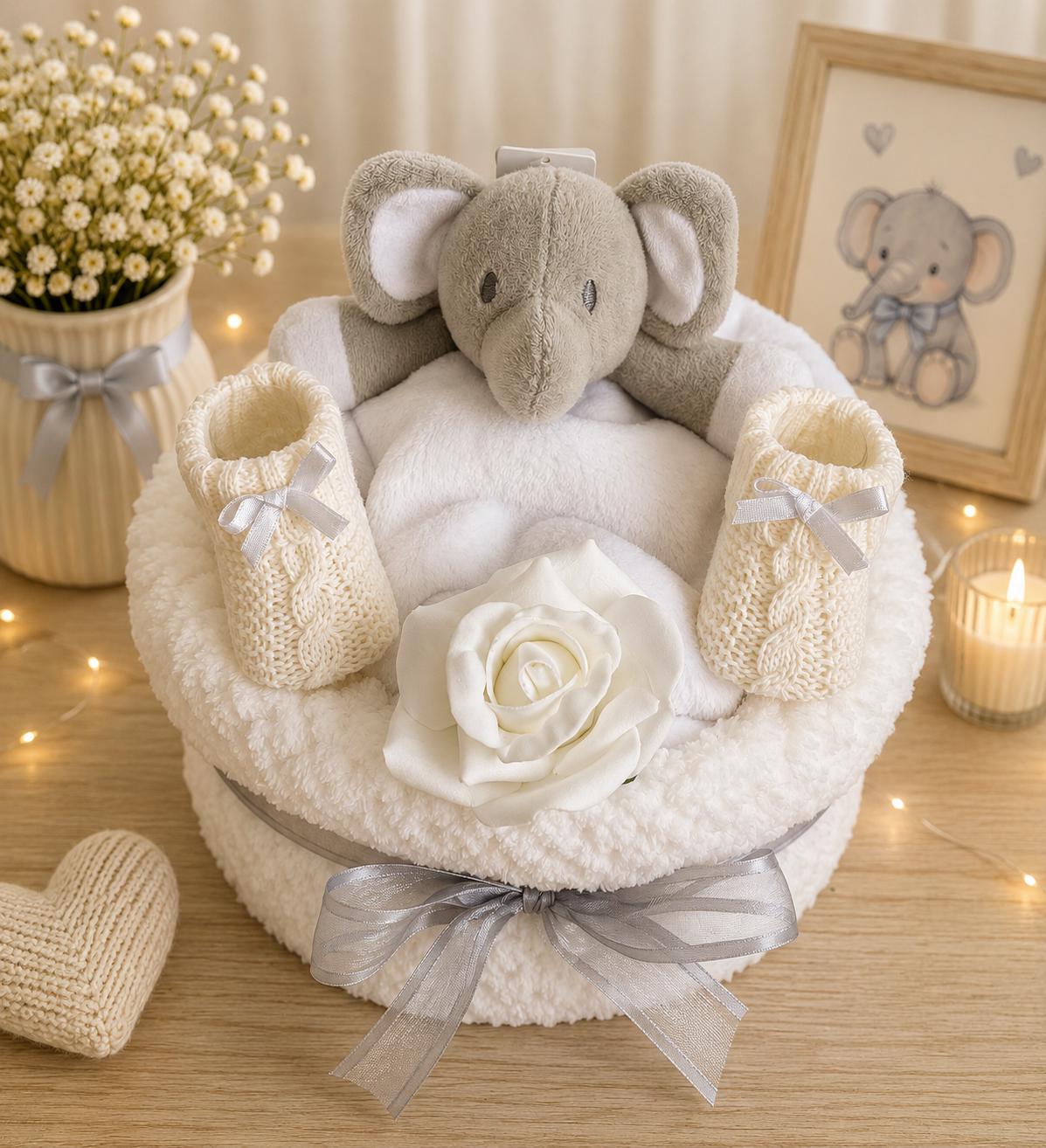 Unisex Elephant Nappy Cake | Neutral Baby Shower Gift | Newborn Baby Gift Set | Elephant Baby Hamper | New Baby Gift