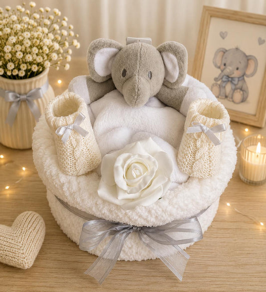 Unisex Elephant Nappy Cake | Neutral Baby Shower Gift | Newborn Baby Gift Set | Elephant Baby Hamper | New Baby Gift