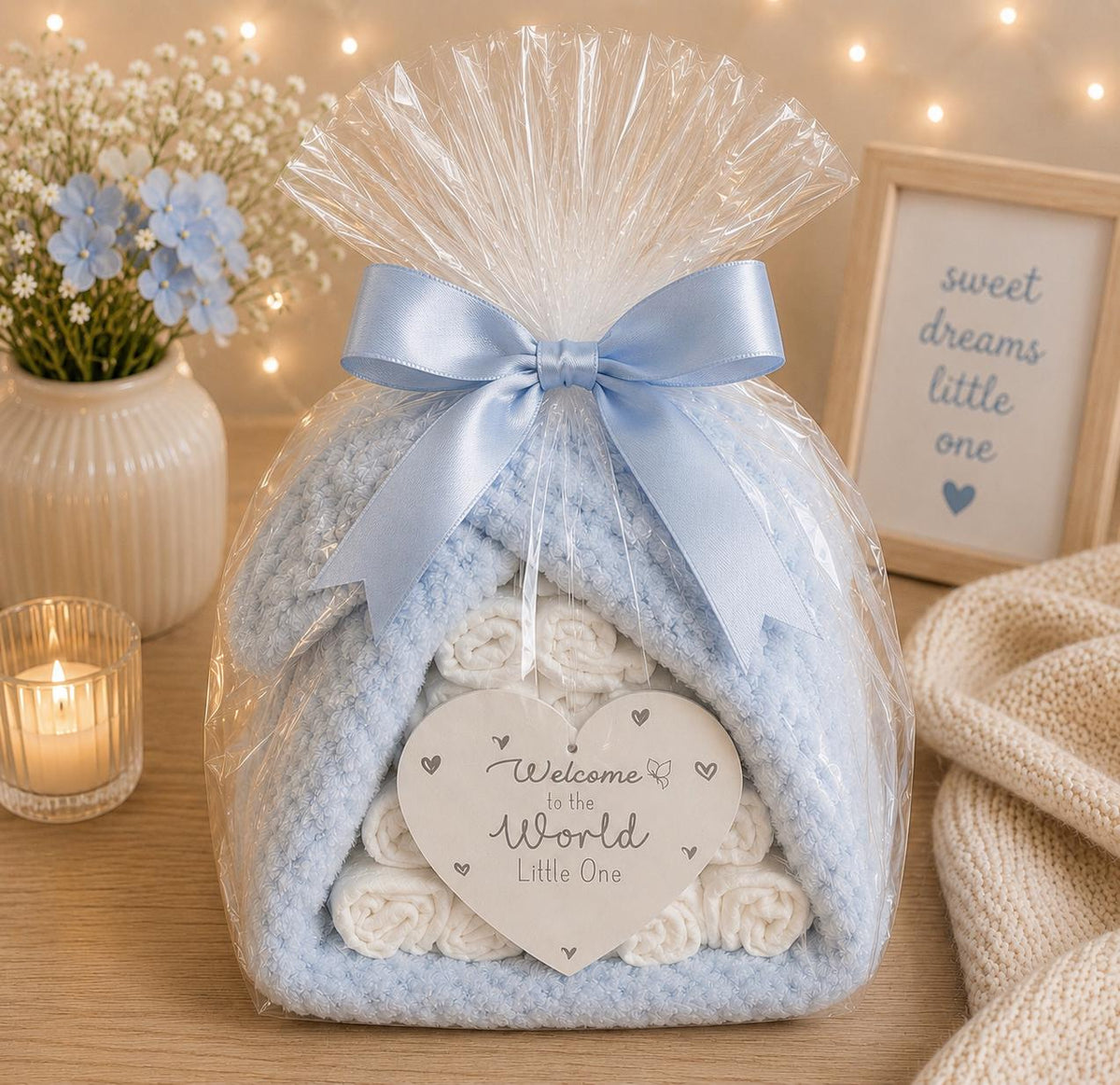 Baby Boy Nappy Cake with Waffle Blanket and Welcome Plaque