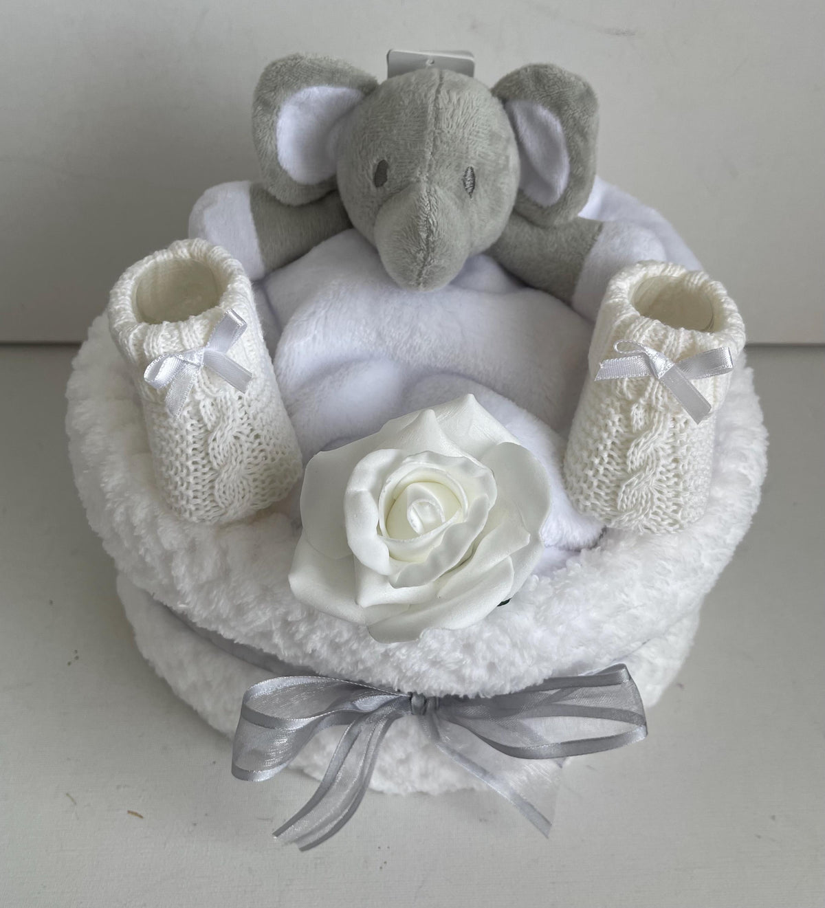 Unisex Elephant Nappy Cake | Neutral Baby Shower Gift | Newborn Baby Gift Set | Elephant Baby Hamper | New Baby Gift
