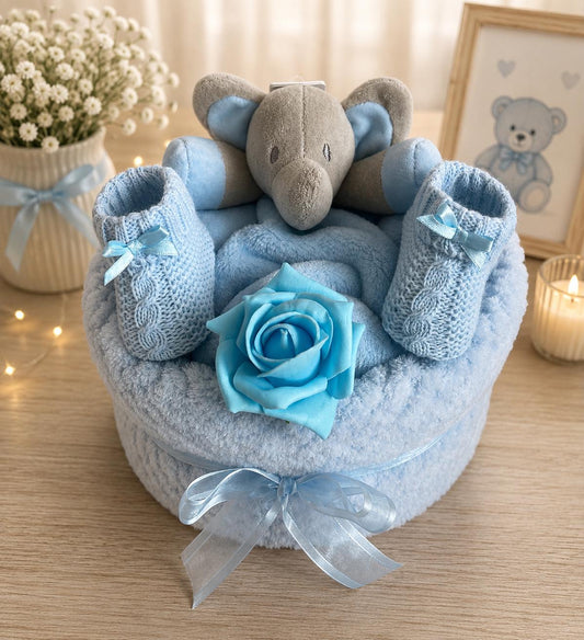 Elephant Nappy Cake, Baby Shower Gift, Newborn Boy Essentials, Comforter, Blanket, Bootees