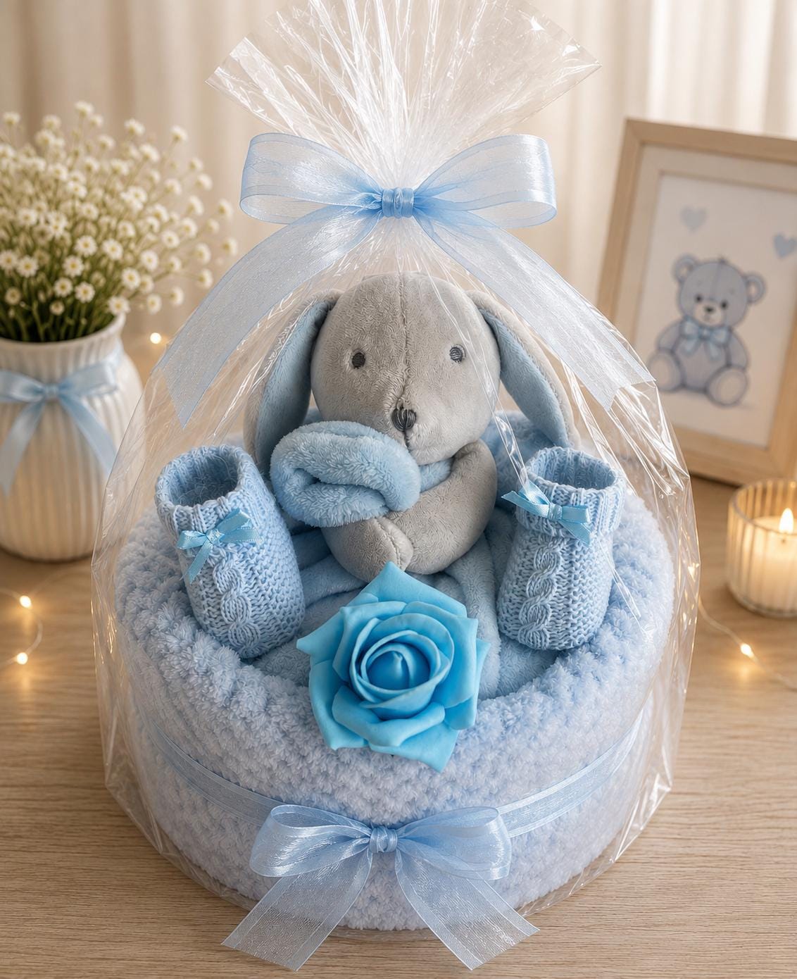 Bunny Nappy Cake, Baby Shower Gift, Newborn Boy Essentials, Comforter, Blanket, Bootees