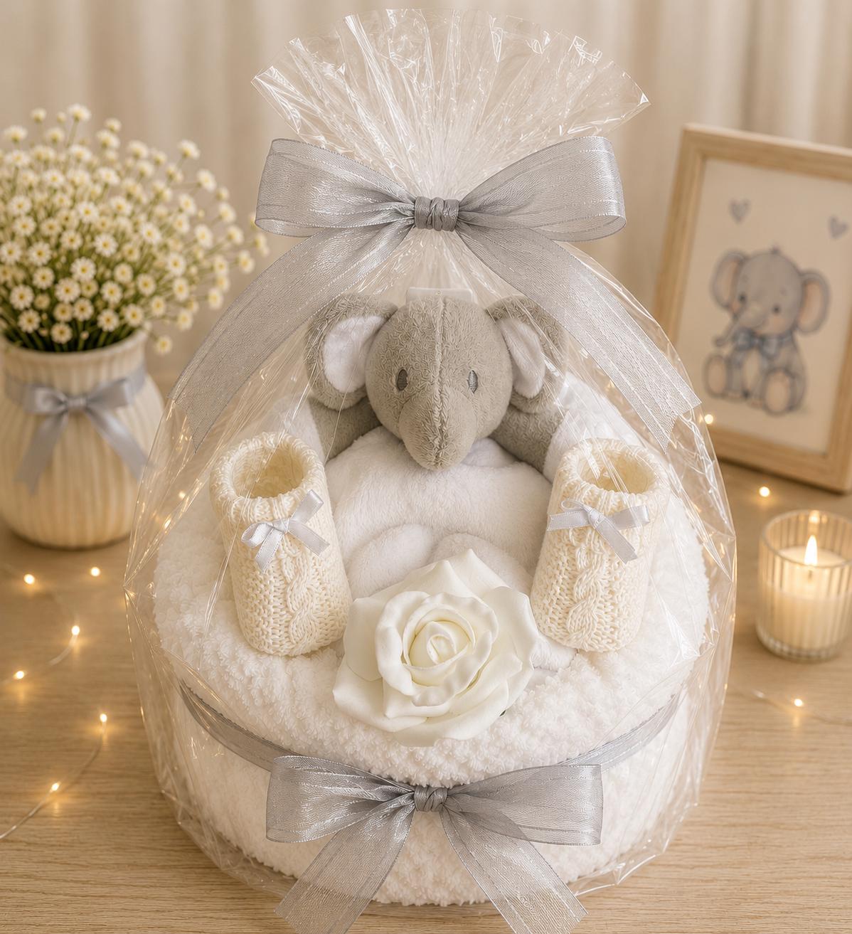 Unisex Elephant Nappy Cake | Neutral Baby Shower Gift | Newborn Baby Gift Set | Elephant Baby Hamper | New Baby Gift