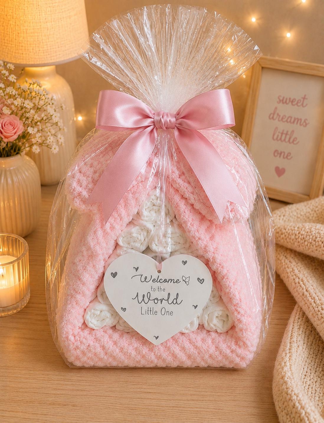 Baby Girl Nappy Cake, Pink Waffle Blanket, Welcome Plaque Gift