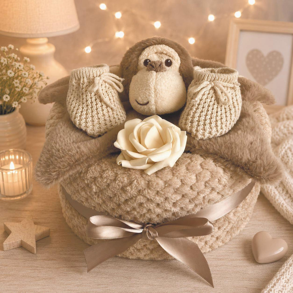 Monkey Nappy Cake | Unisex Baby Shower Gift | Newborn Baby Gift Set | Neutral Baby Hamper | Marcel Monkey Gift