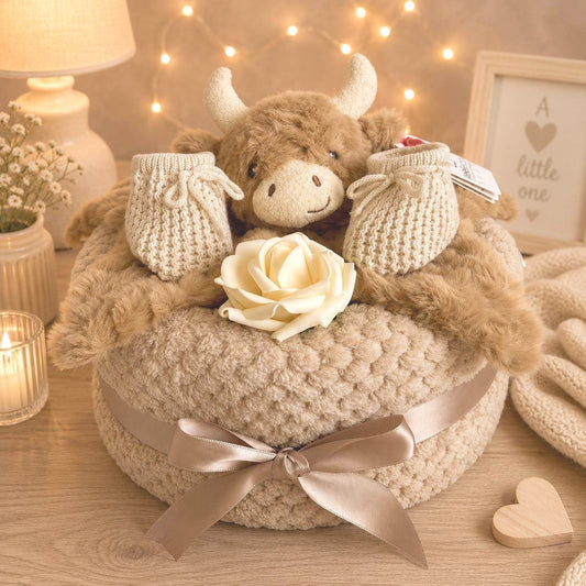 Highland Cow Nappy Cake | Unisex Baby Shower Gift | Newborn Baby Gift Set | Neutral New Baby Gift | Baby Hamper