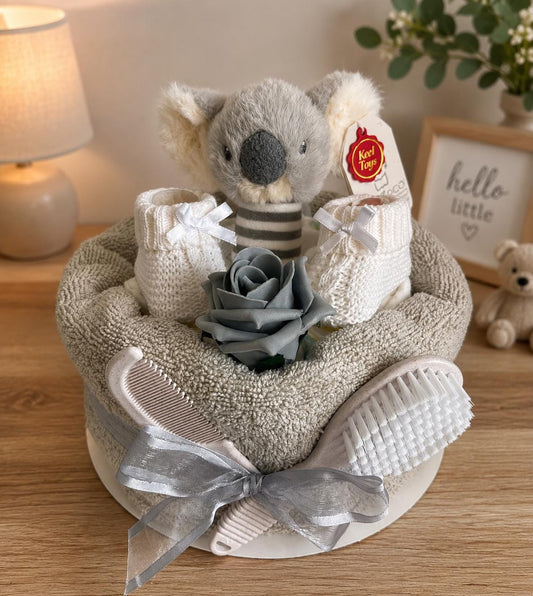 Koala Nappy Cake Gift Set, Rattle, Hooded Towel, Brush and Comb, Bootees, Baby Shower Newborn Gift