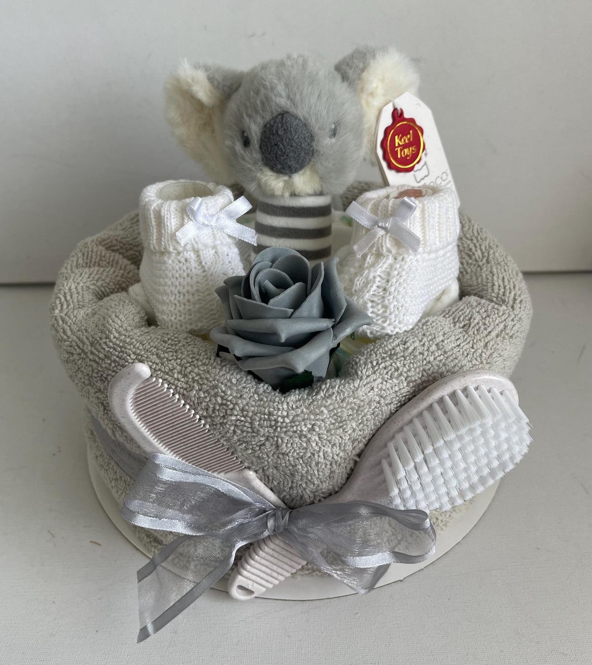 Koala Nappy Cake Gift Set, Rattle, Hooded Towel, Brush and Comb, Bootees, Baby Shower Newborn Gift