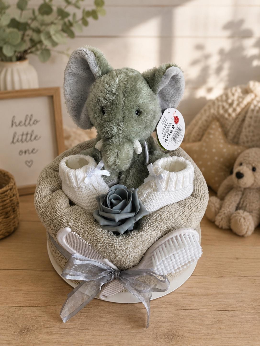 Pippins Elephant Nappy Cake Gift Set, Rattle, Hooded Towel, Brush and Comb, Bootees, Baby Shower Newborn Gift