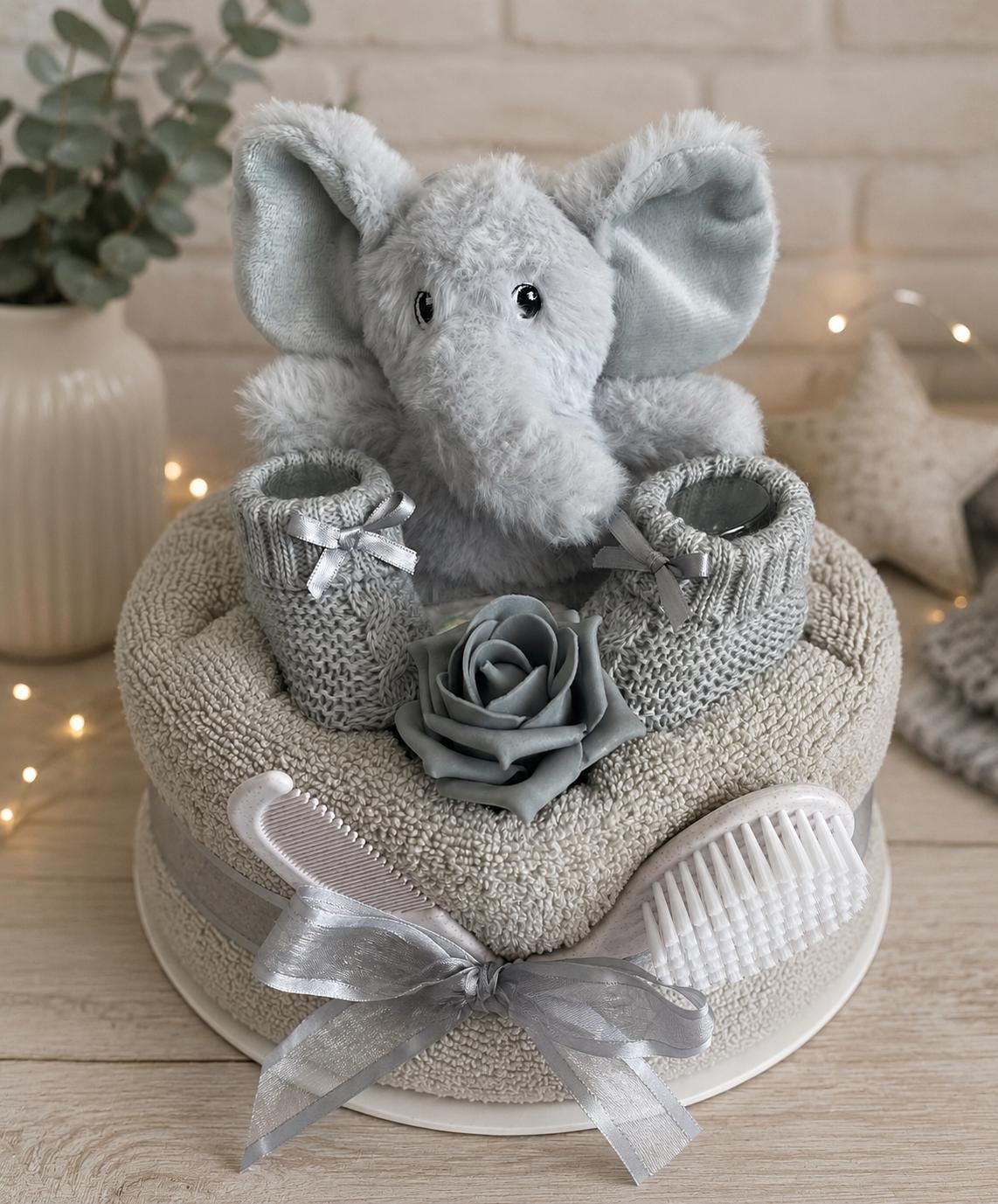Elephant Nappy Cake Gift Set, Rattle, Hooded Towel, Brush and Comb, Bootees, Baby Shower Newborn Gift