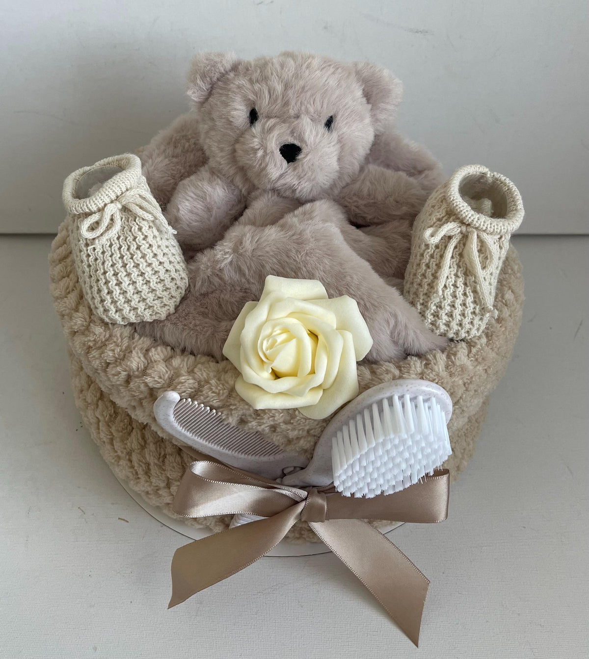 Teddy Bear Nappy Cake, Unisex Baby Shower Gift Set, Comforter, Blanket, Bootees