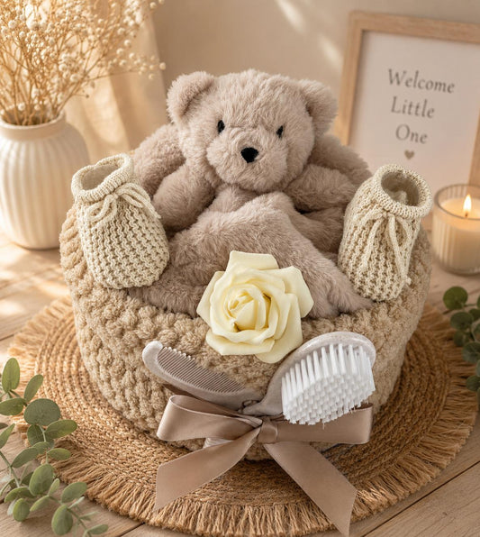Teddy Bear Nappy Cake, Unisex Baby Shower Gift Set, Comforter, Blanket, Bootees