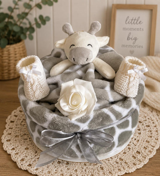 Giraffe Nappy Cake, Baby Shower Gift Set, Comforter, Blanket, Bootees