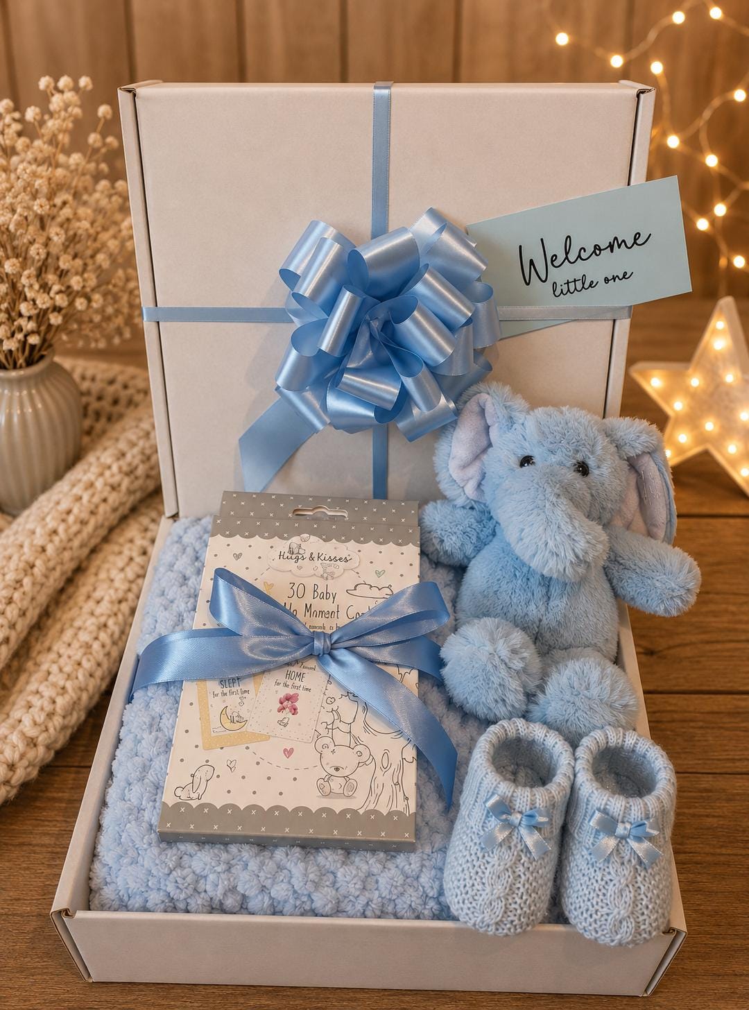 Baby Boy Gift Basket: Elephant, Blanket, Cards, Bootees – Shower Gift
