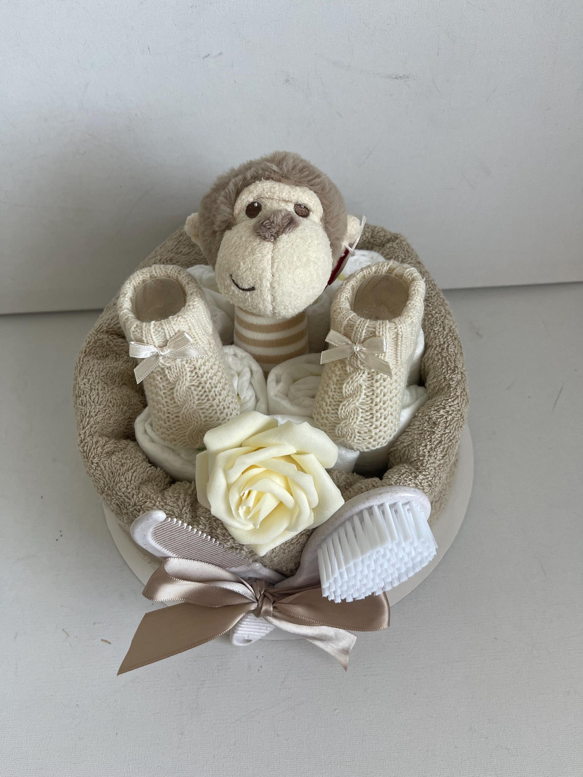 Marcel Monkey Nappy Cake, Baby Shower Gift Set, Rattle, Hooded Towel, Brush and Comb, Bootees