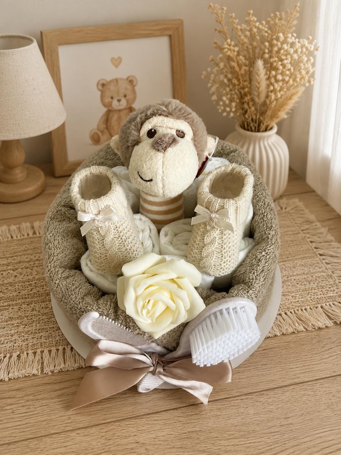 Marcel Monkey Nappy Cake, Baby Shower Gift Set, Rattle, Hooded Towel, Brush and Comb, Bootees