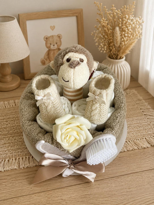 Marcel Monkey Nappy Cake, Baby Shower Gift Set, Rattle, Hooded Towel, Brush and Comb, Bootees