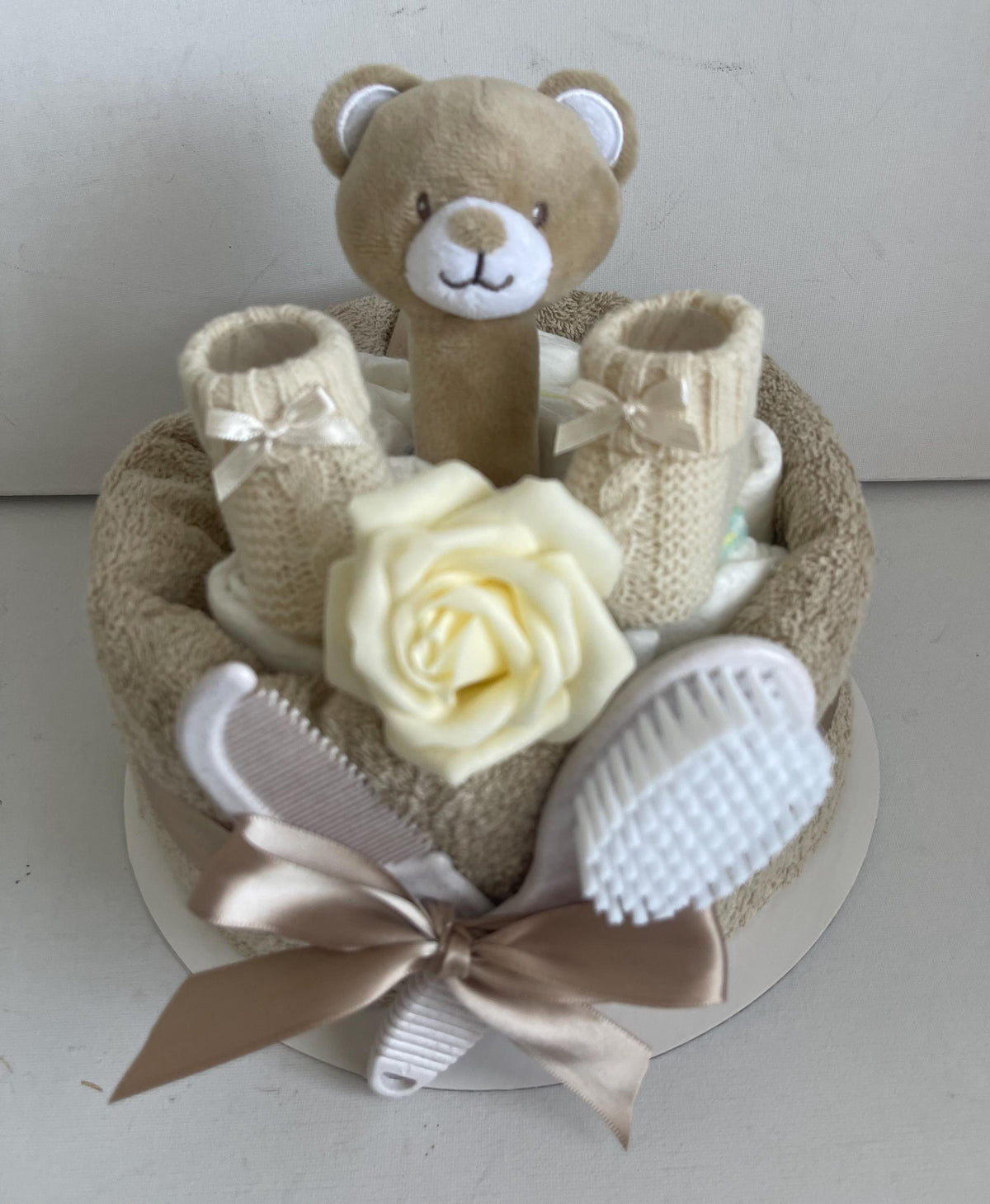 Teddy Bear Nappy Cake | Unisex Baby Shower Gift | Neutral Newborn Gift Set | Baby Rattle & Hooded Towel | New Baby Gift