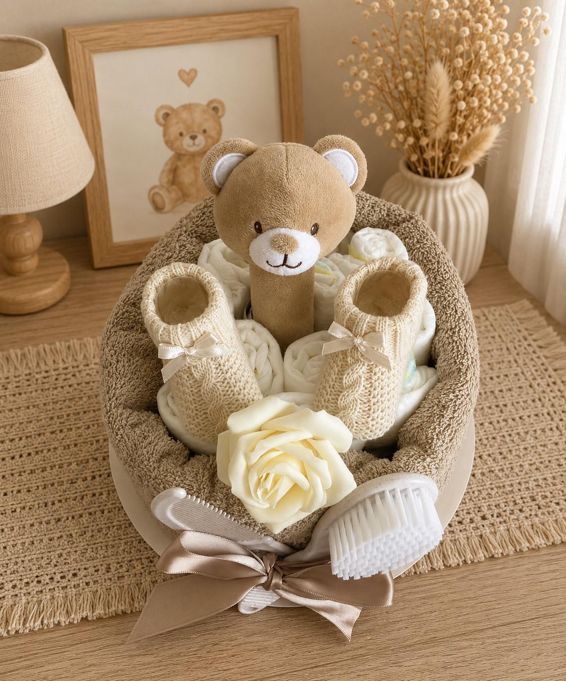 Teddy Bear Nappy Cake | Unisex Baby Shower Gift | Neutral Newborn Gift Set | Baby Rattle & Hooded Towel | New Baby Gift
