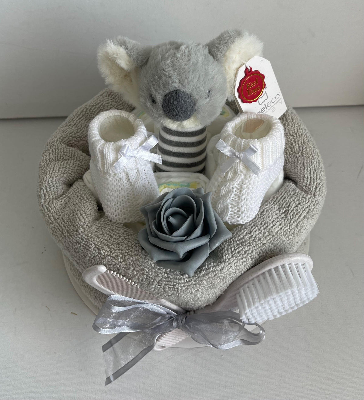 Koala Nappy Cake Gift Set, Rattle, Hooded Towel, Brush and Comb, Bootees, Baby Shower Newborn Gift