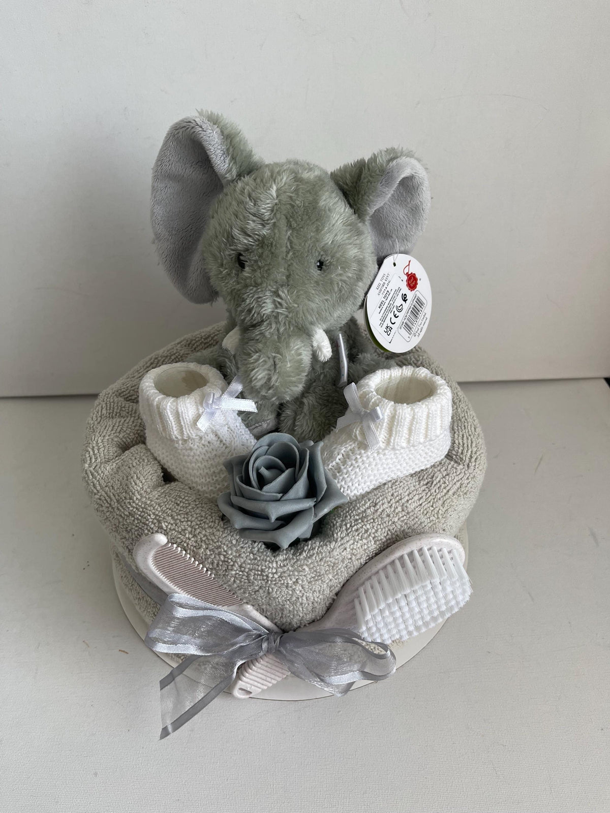 Pippins Elephant Nappy Cake Gift Set, Rattle, Hooded Towel, Brush and Comb, Bootees, Baby Shower Newborn Gift