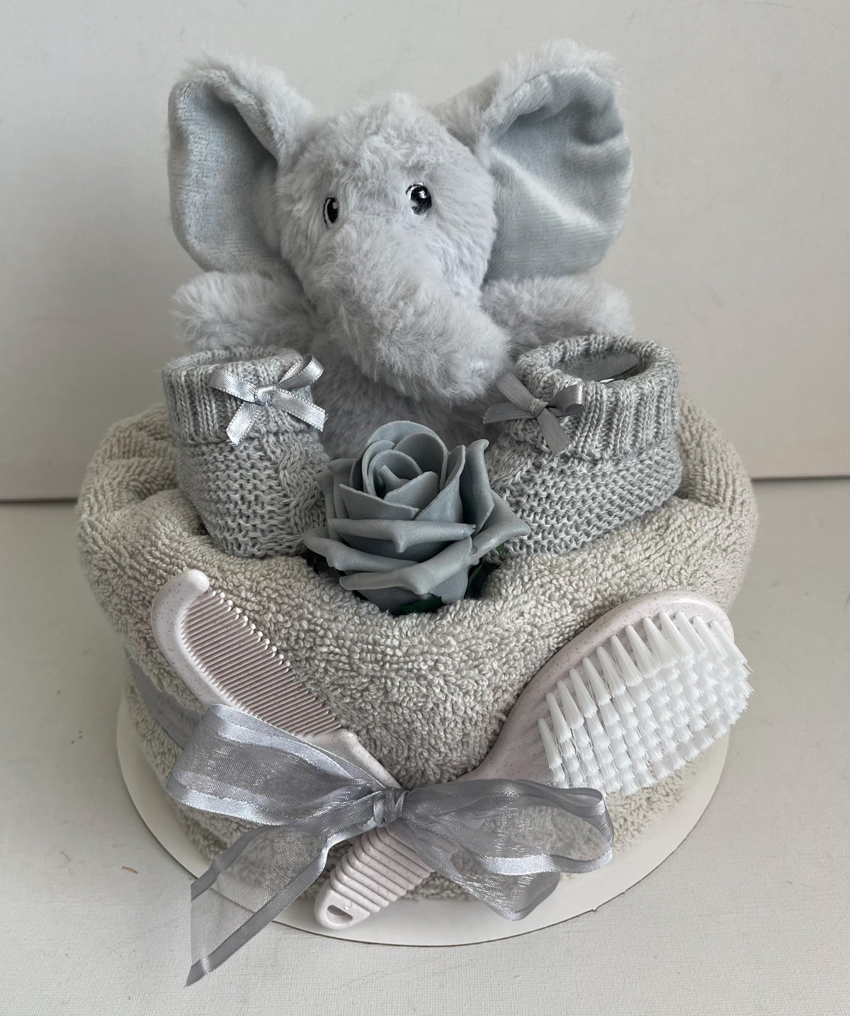 Elephant Nappy Cake Gift Set, Rattle, Hooded Towel, Brush and Comb, Bootees, Baby Shower Newborn Gift