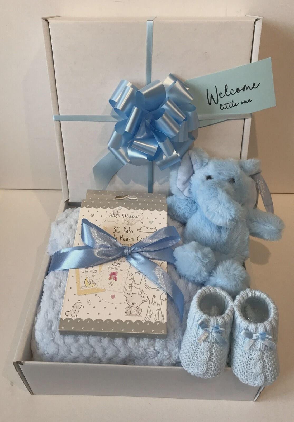 Baby Boy Gift Basket: Elephant, Blanket, Cards, Bootees – Shower Gift