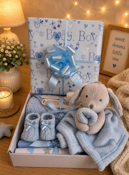New Baby Boy Hamper | Blue Bunny Gift Basket | Newborn Boy Gift Set | Baby Shower Gift | Luxury Baby Hamper