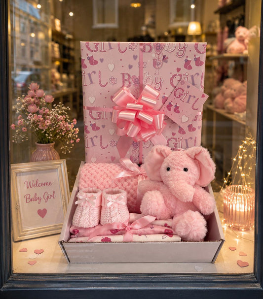 Pink Baby Hamper | Newborn Baby Girl Gift Basket | Elephant & Waffle Blanket Gift Set | Baby Shower Gift | New Baby Girl Gift