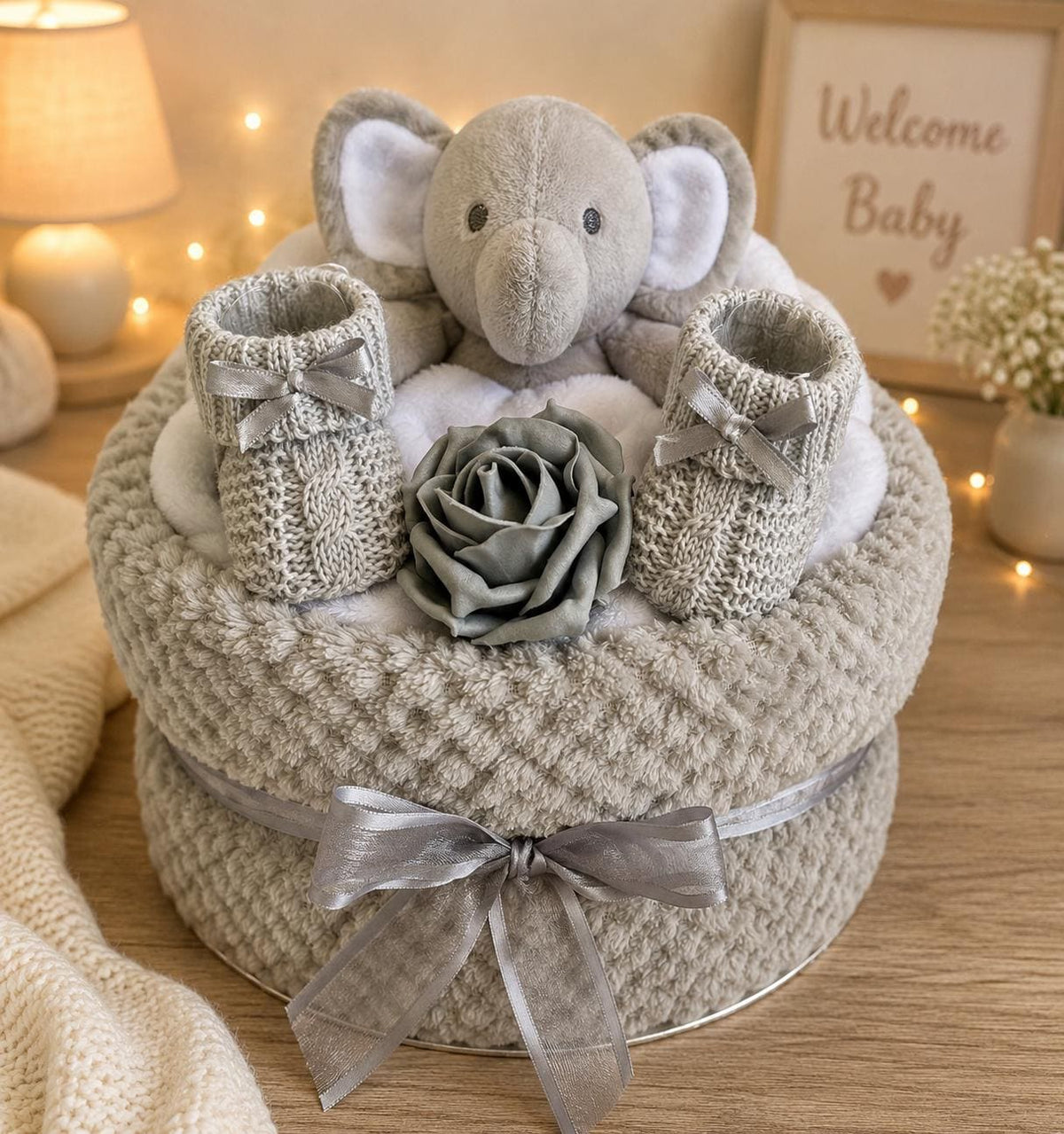 Elephant Nappy Cake | Unisex Baby Shower Gift | Neutral Newborn Baby Gift Set | Elephant Comforter & Blanket