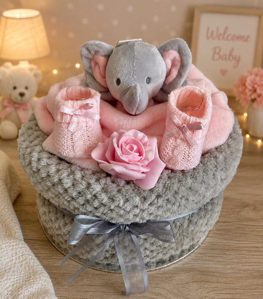 Elephant Nappy Cake for Baby Girl | Baby Shower Gift | Newborn Girl Gift Set | Pink Baby Hamper | New Baby Gift