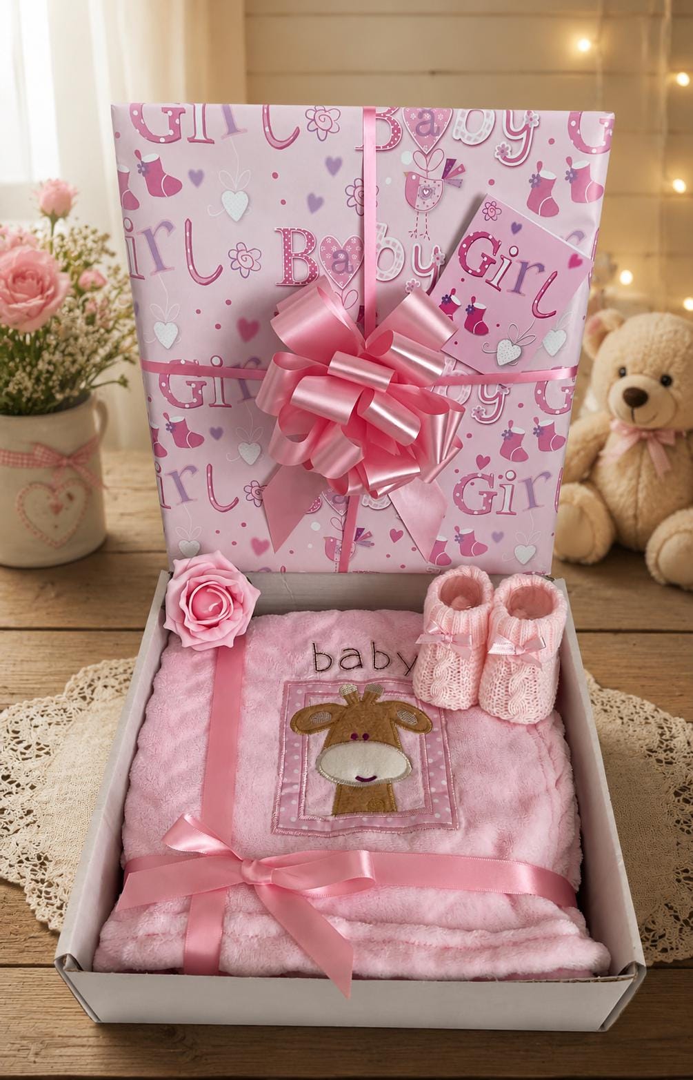 Luxury Baby Girl Gift Box Blanket & Bootees Set