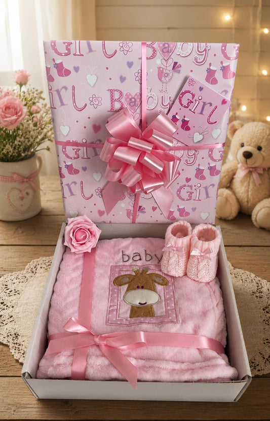 Luxury Baby Girl Gift Box Blanket & Bootees Set