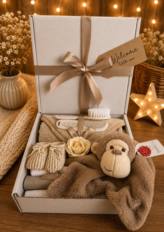 Monkey Baby Gift Hamper | Unisex Newborn Gift Basket | Neutral Baby Shower Gift | New Baby Gift Set | Marcel Monkey