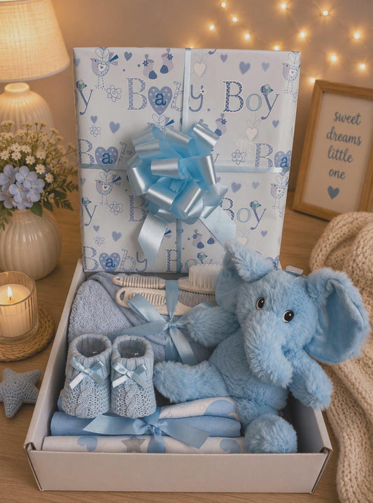 New Baby Boy Hamper | Blue Elephant Gift Basket | Newborn Baby Boy Gift Set | Baby Shower Gift | Blue Baby Hamper