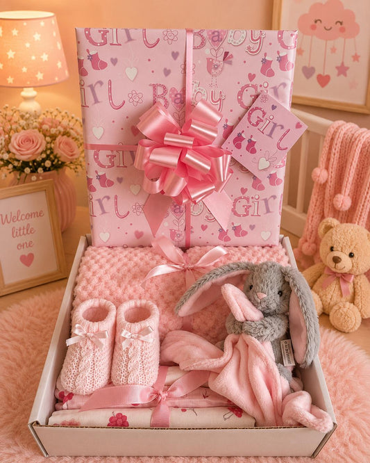 Newborn Baby Girl Gift Hamper | Pink Bunny Gift Basket | Baby Girl Blanket Gift Set | Baby Shower Gift | New Baby Girl Gift