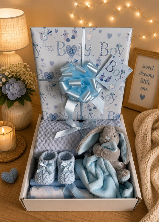 Baby Boy Blanket Gift Hamper | Blue Bunny Gift Basket | Newborn Baby Boy Gift Set | Baby Shower Gift | New Baby Boy Hamper