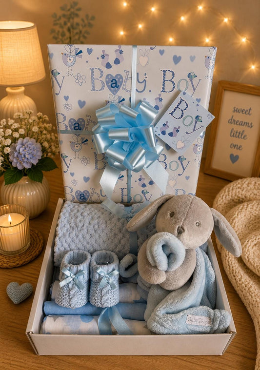 Baby Boy Hamper Box | Newborn Boy Gift Set | Blue Bunny Baby Hamper | New Baby Gift Basket | Baby Shower Gift