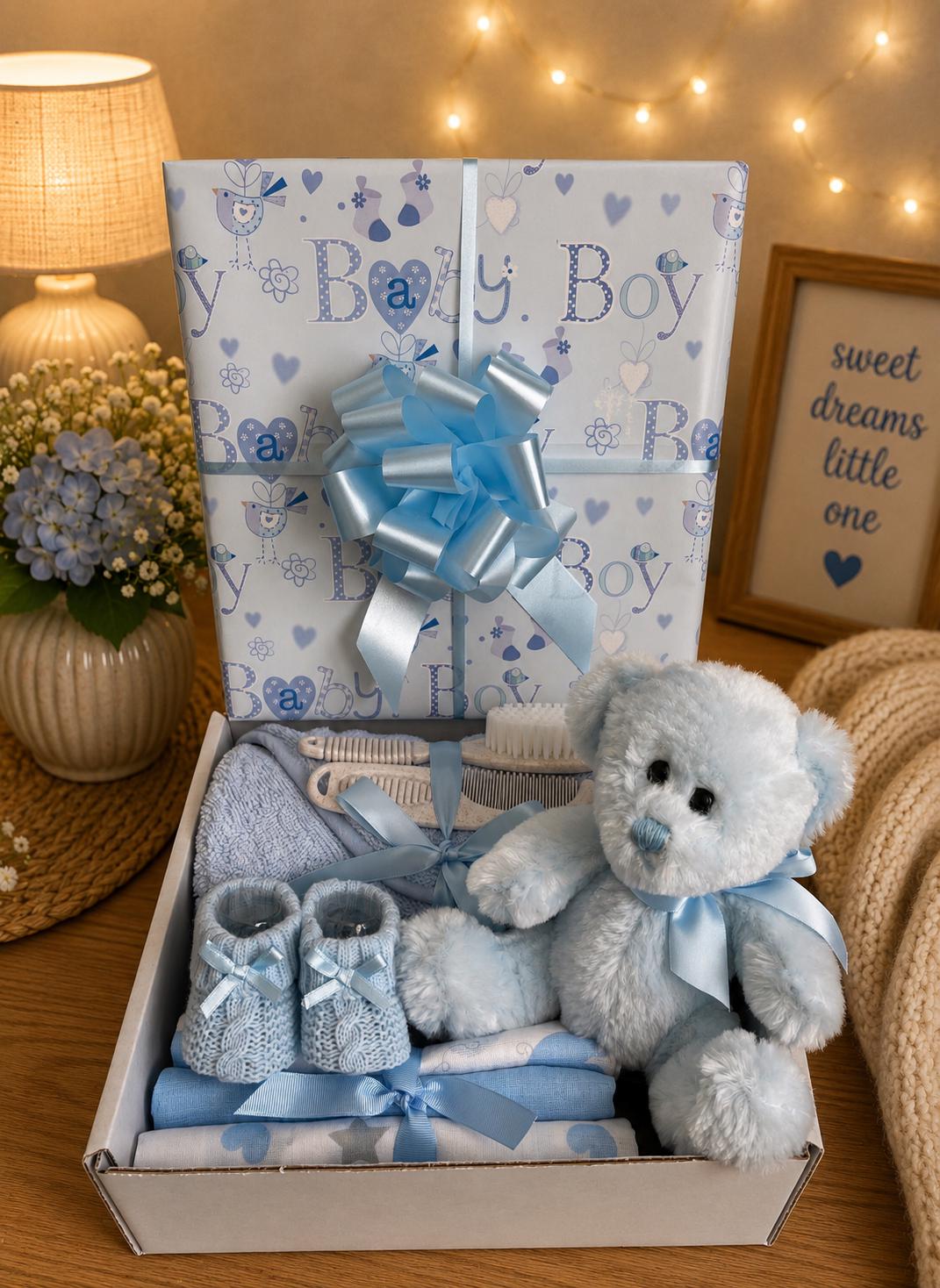 Teddy Bear Baby Boy Hamper | Newborn Boy Gift Basket | Baby Shower Gift Set | Blue Baby Gift | New Baby Boy Present