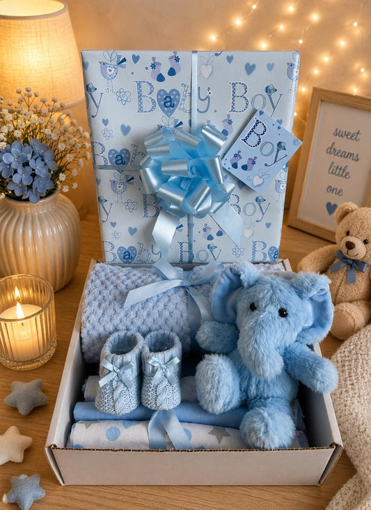 Newborn Boy Hamper | Blue Elephant Baby Gift Basket | Baby Boy Blanket Gift Set | Baby Shower Gift | New Baby Boy Gift