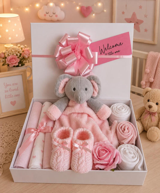 New Baby Girl Gift Box | Pink Elephant Baby Hamper | Newborn Girl Gift Set | Baby Shower Gift | Muslin & Bodysuit Set