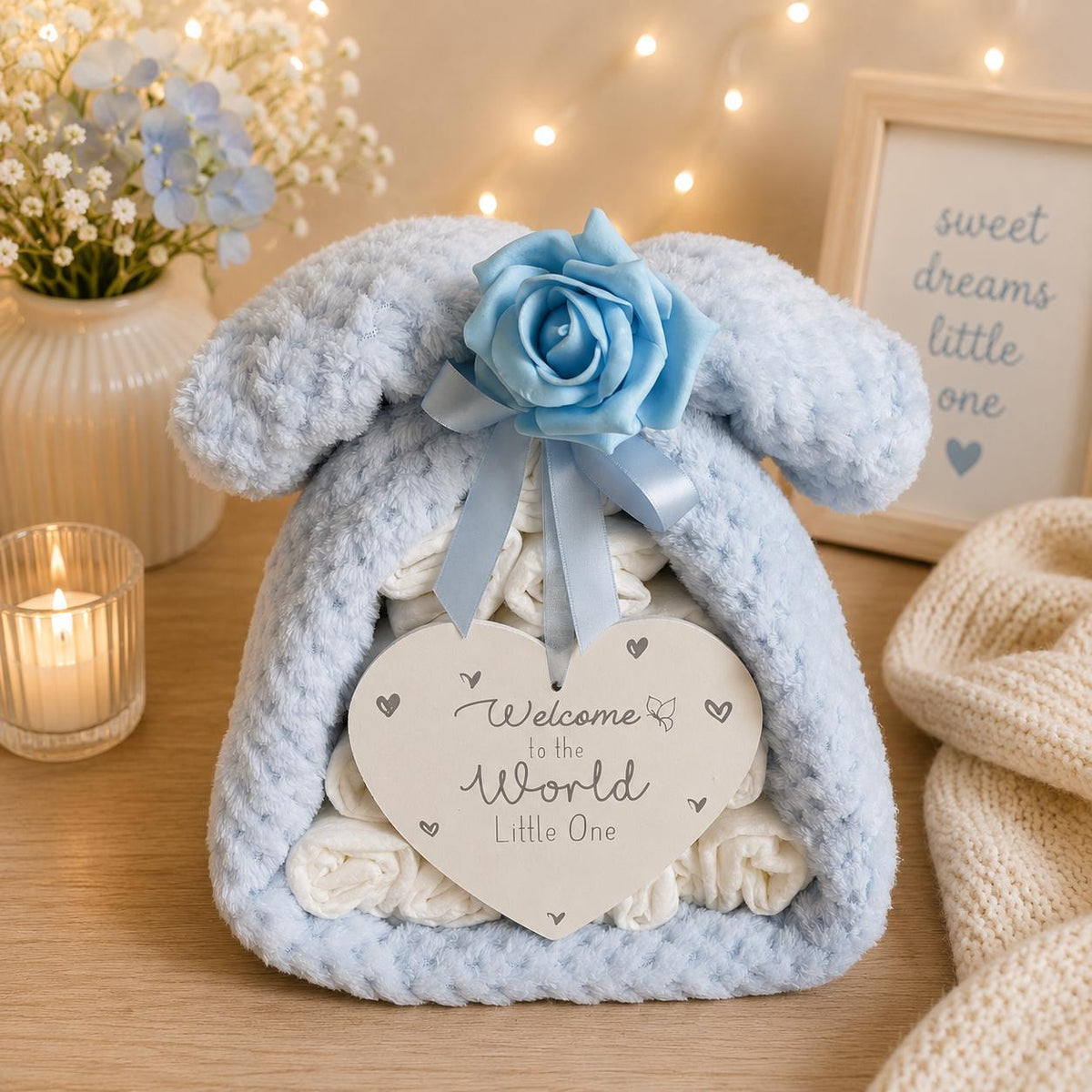 Baby Boy Nappy Cake with Waffle Blanket and Welcome Plaque