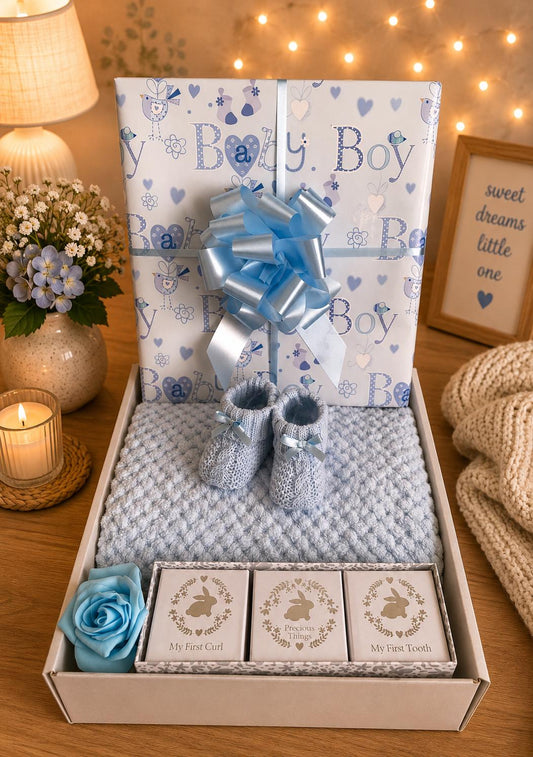 Baby Boy Gift Hamper, Blue Waffle Blanket, Knitted Bootees, Keepsake Boxes