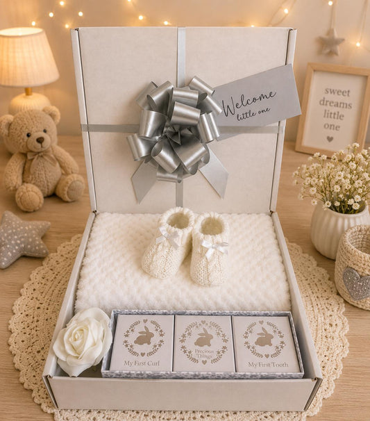 Unisex Baby Gift Hamper: Waffle Blanket, Keepsake Boxes & Knitted Booties