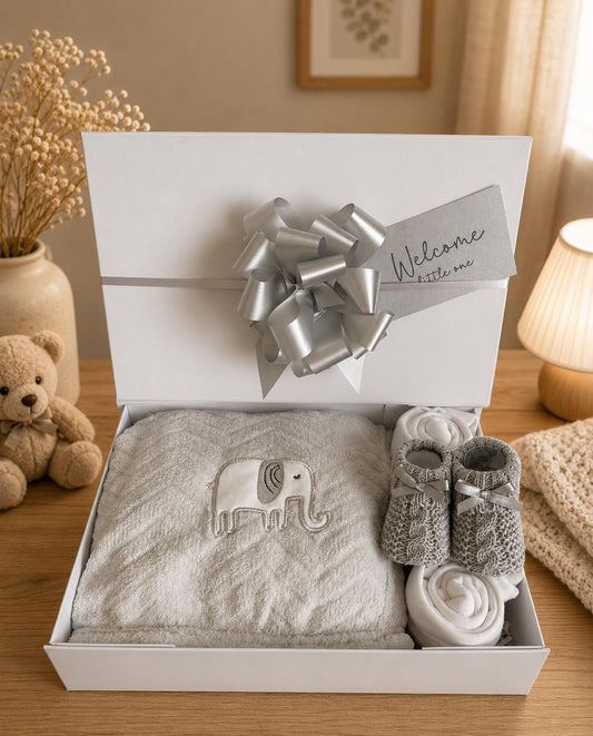 Unisex Baby Gift Hamper Blanket Bodysuits Knitted Bootees