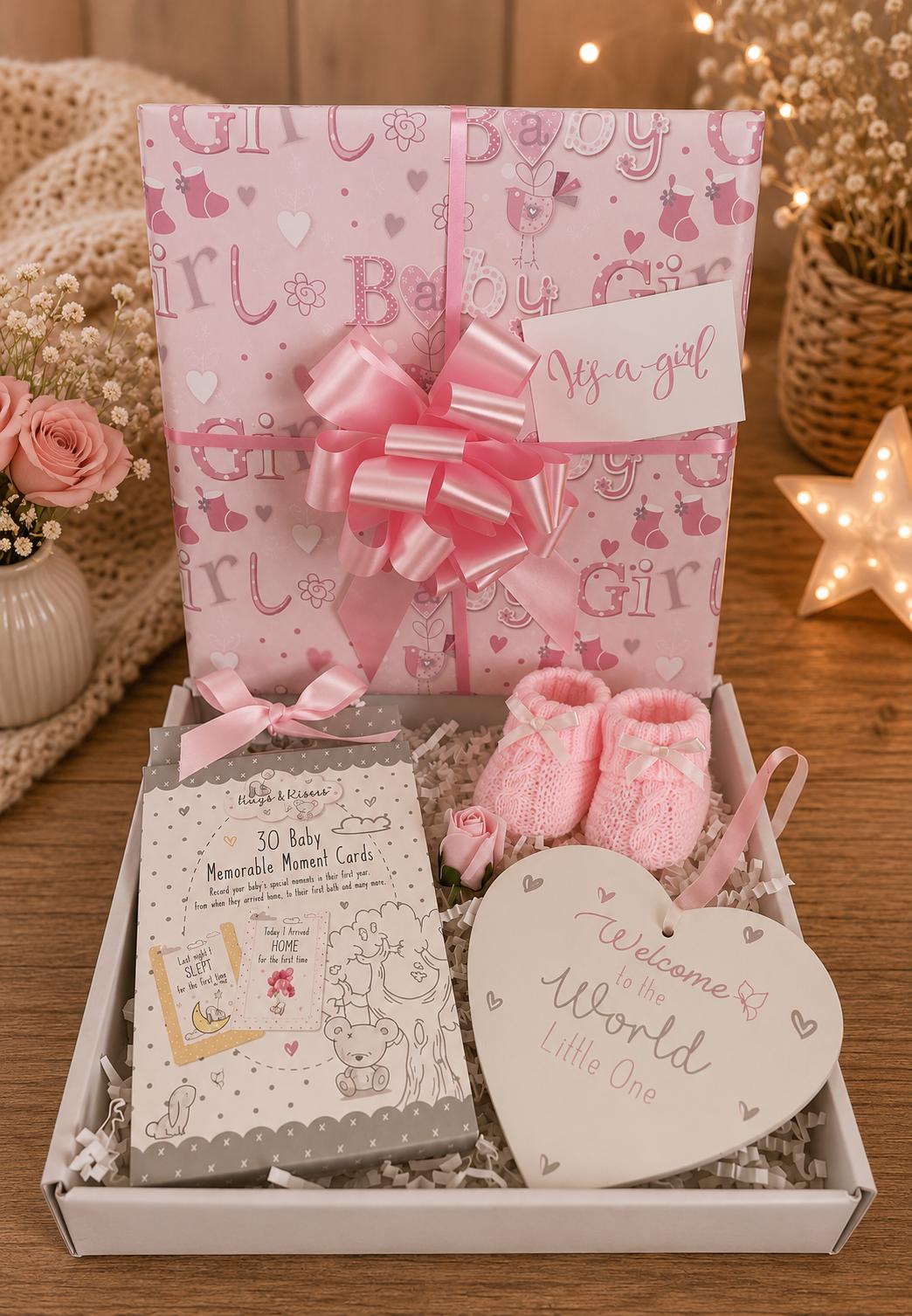Luxury Baby Girl Gift Basket: Memory Cards, Plaque, Bootees