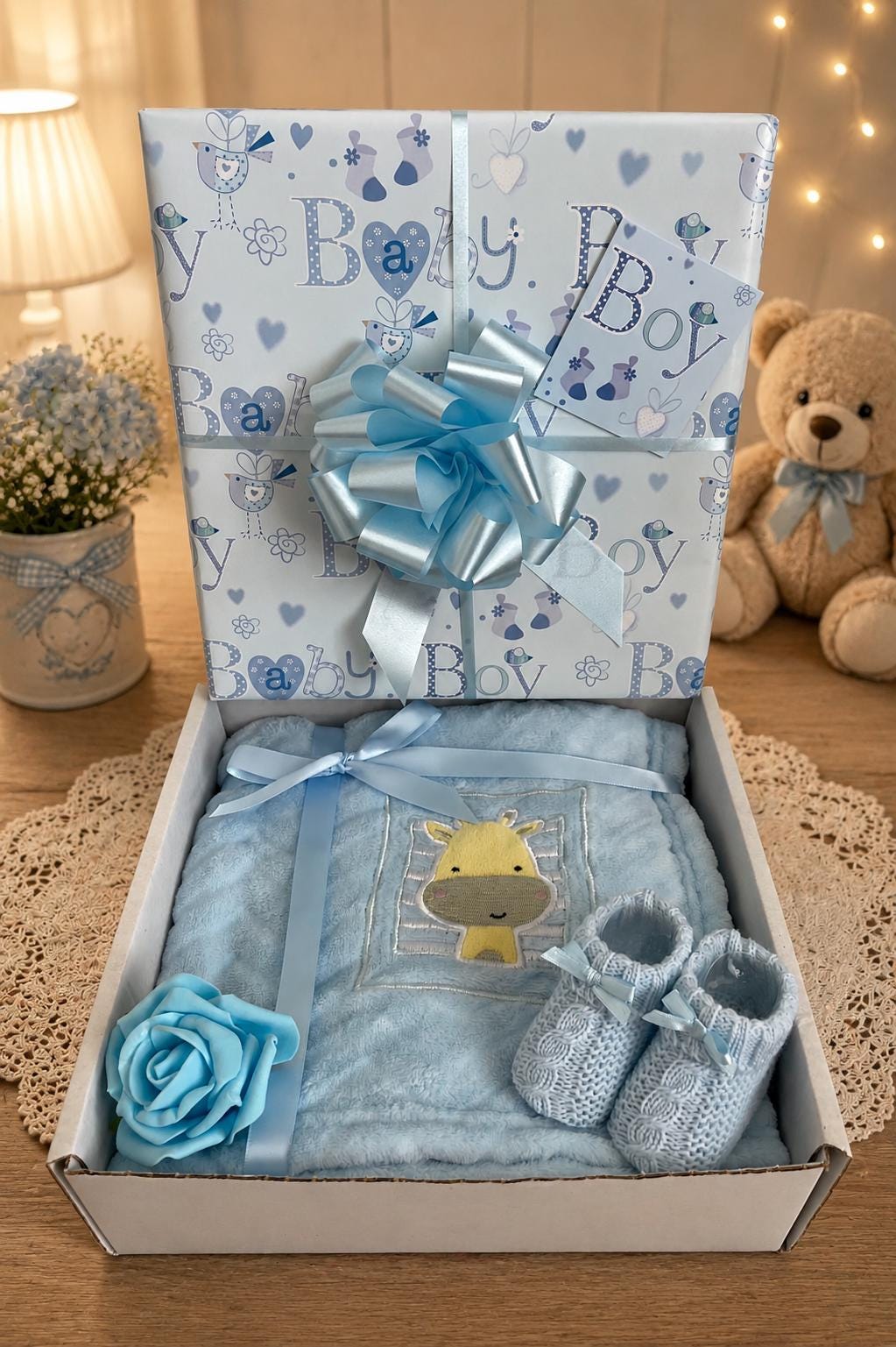 Luxury Baby Boy Gift Box, Blanket, Bootees